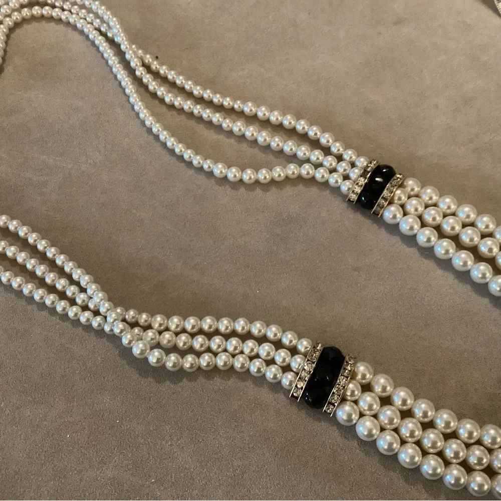 Elegant Trip Strand Faux Pearl Necklace with Black Accents